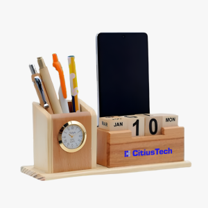 Classic Wooden Desk Organizer | Built-in Clock, Calendar & Pen Holders